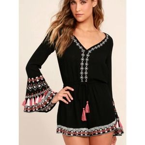 Lulus Hiatus Black Embroidered Long Sleeve Open Back Romper Size Large
